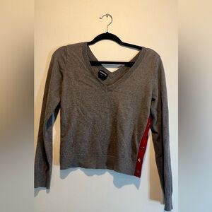 bebe Gray V-Neck Sweater with Red Accents